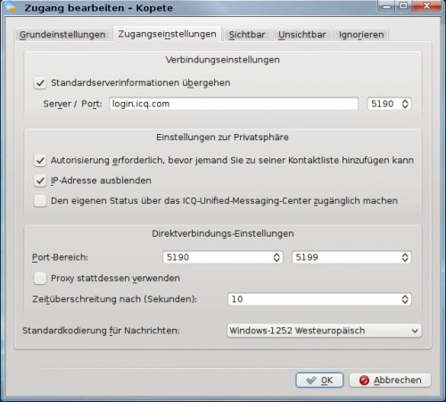 Kopete ICQ-Zugangs Einstellungen